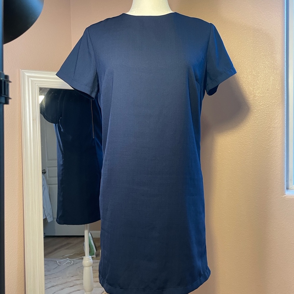 Lulus Navy‎ Blue Shift Dress Gold Back Zipper Short Sleeve